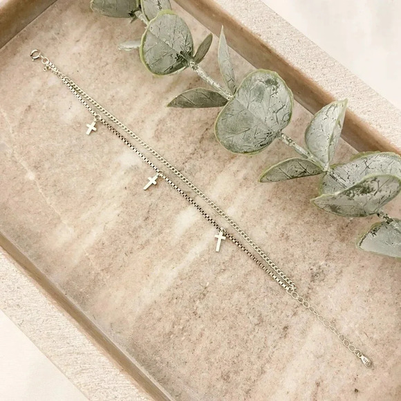 925 Sterling Silver Box Chain Bracelet Dangle Cross Bracelet Dainty Bracelet - Picture 4 of 5